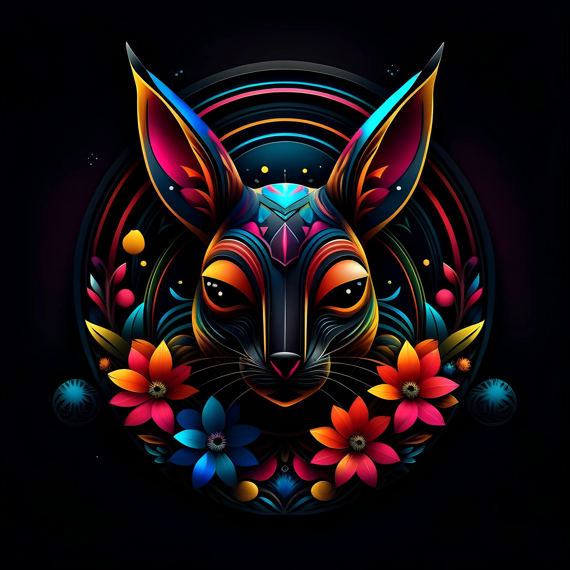 logo design, complex, trippy, bunchy, 3d lighting, 3d, kangaroo, realistic head, colorful, floral, flowers, cut out, modern, symmetrical, center, abstract, circular shape, black background, texture, high detail