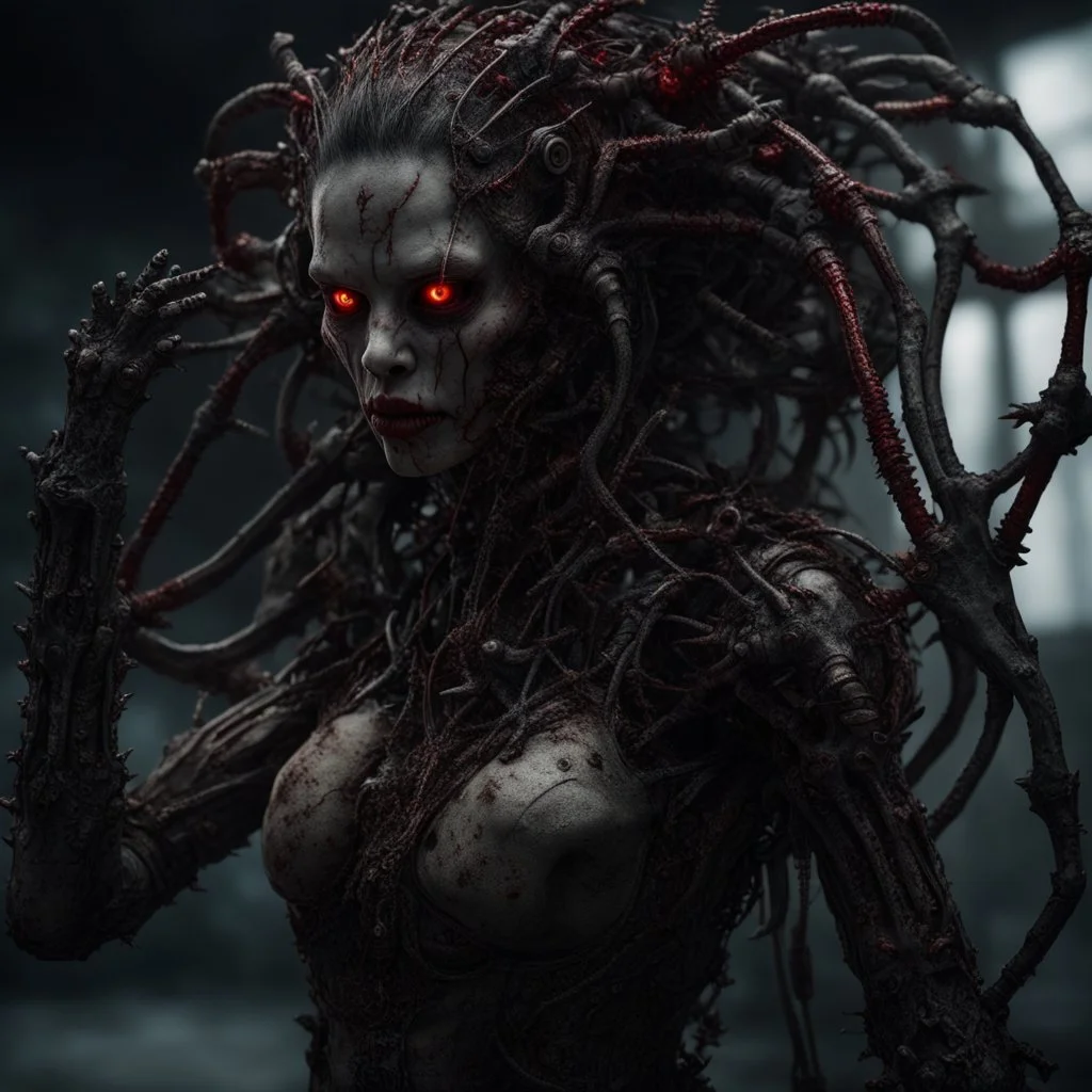 Demonic mechanical creepy aggressive necrophage zombie undead girl with scary red eyes, in a spiky mechanical suit with tubes, dark fantasy horror, Filigree, Aesthetically pleasing, Realistic, Professional photo, 4k, hight resolution, higly detailed, 30mm lens, 1/250s, f/2.8, ISO 100