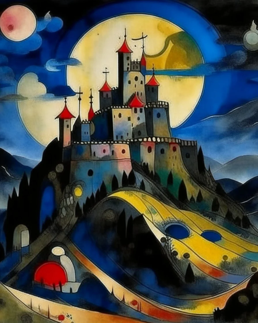 A castle on a mountain covered in shadows painted by Wassily Kandinsky