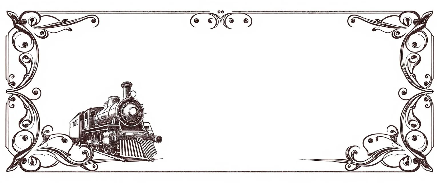 decorative corner elements(top left and bottom right) inspired by steam locomotive railroad and engraved stamps. antique printing