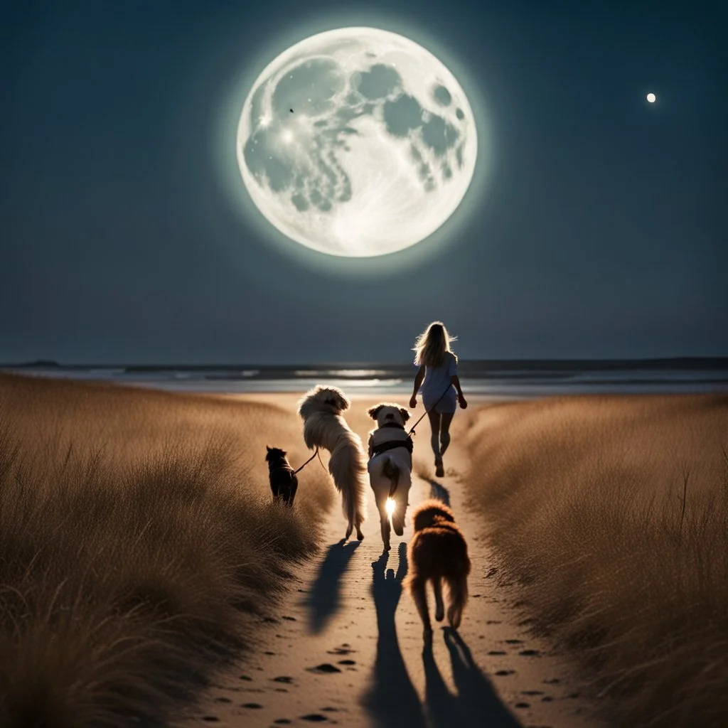 A woma and Irish Sutter dog are iwalking in the field leading to the beach under a full moon,