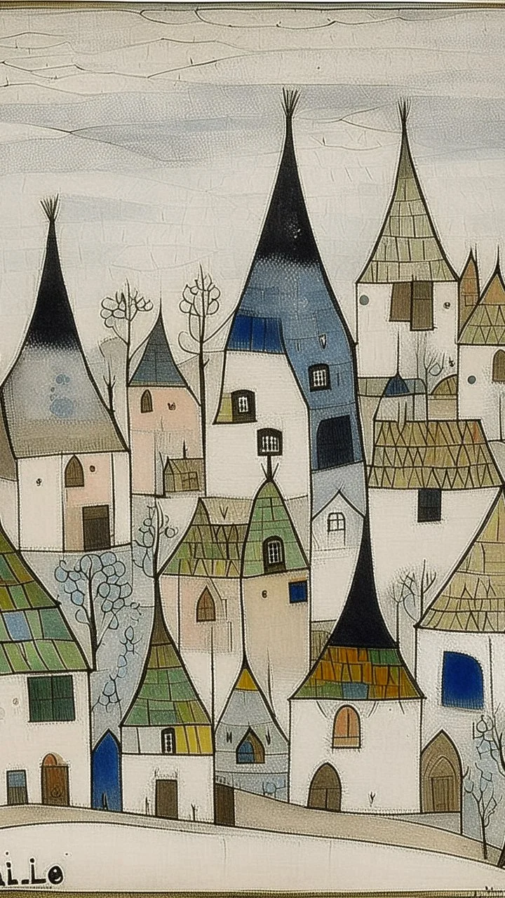 A white simple village with eyes designed in medieval tapestry painted by Paul Klee