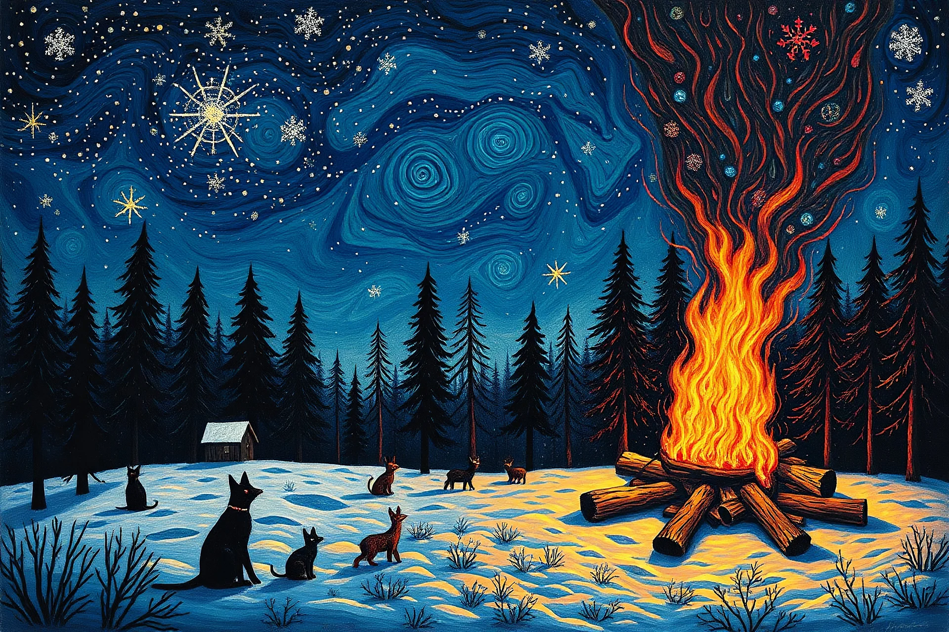 Winter solstice celebration under a starry sky, bonfire, night Creatures watch from the edge of the forest colourful Zdzisław Beksiński Picasso naive art Henri Matisse Alex Grey SALVADOR DALI Andy Warhol Paul Gauguin Claude Monet Gustav Klimt Ernst Ludwig Kirchner Tim Burton graffiti zentangle Marc Chagall Jackson Pollock Francis Bacon Egon Schiele Georges Seurat M.C. Escher Joan Miró Louis Wain Victo Ngai Enki Bilal Camille Pissarro art brut Odilon Redon Remedios Varo primitivism Jean-Michel