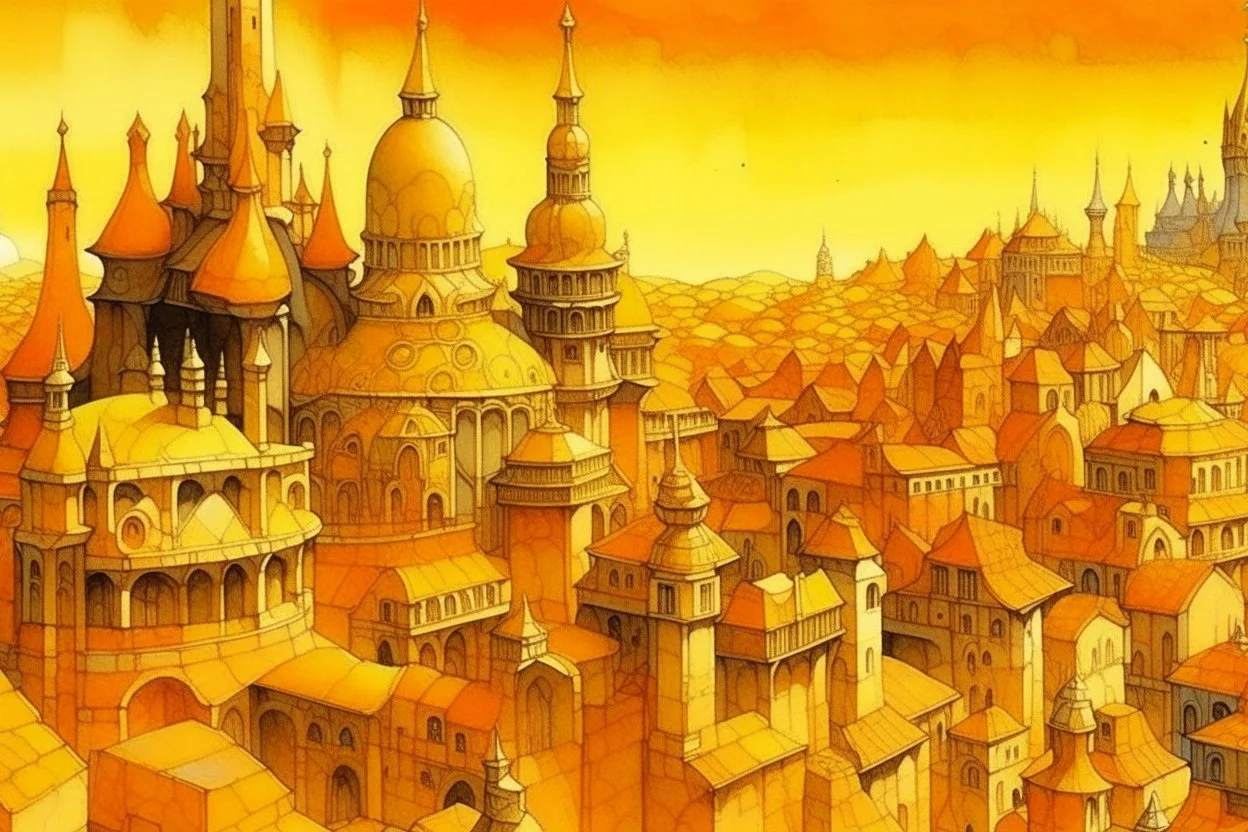 A yellowish orange colored constructed city with crystals painted by the Limbourg brothers