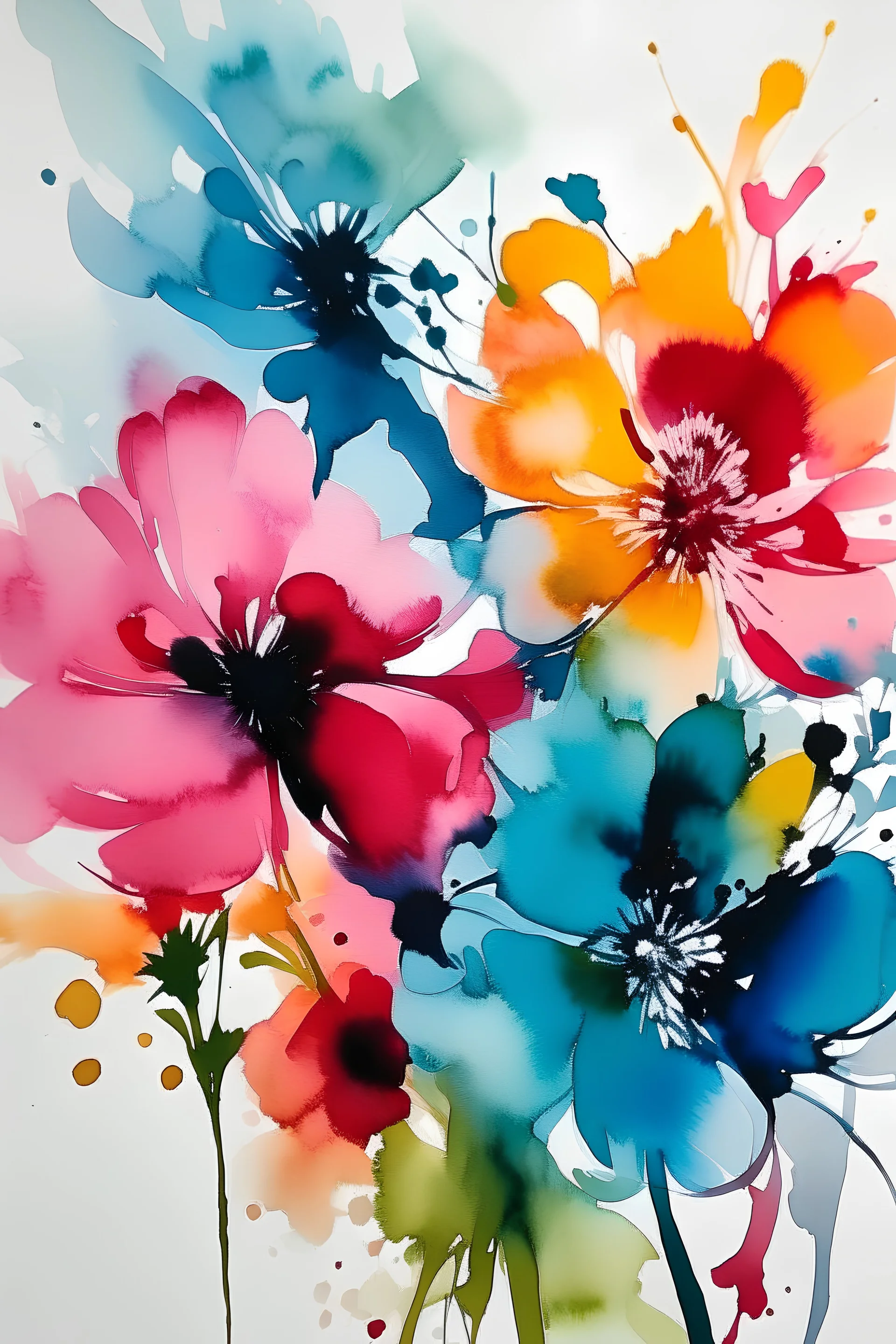 flowers, depth, water color splotches, negative space , no outlines, no lines , white background, reverse coloring book