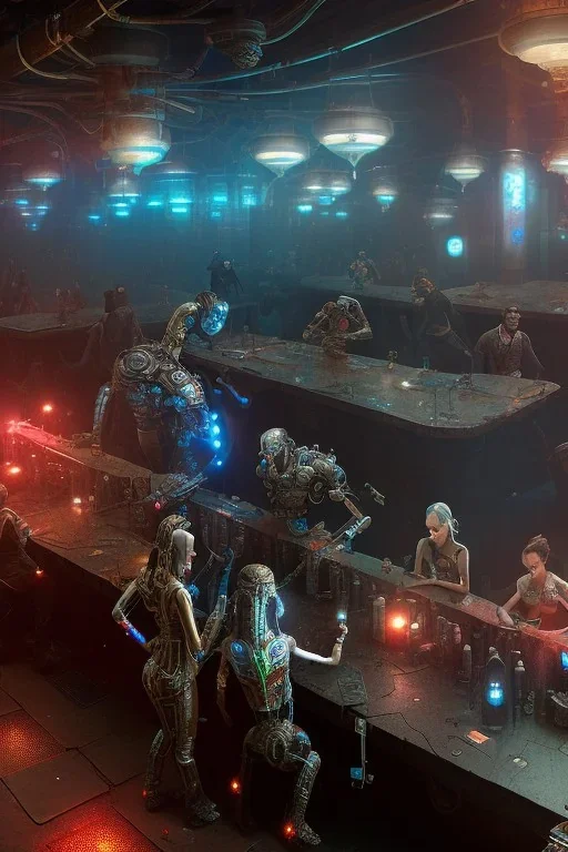 post-apocalyptic robots in a cyberpunk bar, realistic, intriacte detail style. fantasy, volumetric lighting, particales,highly detailed, wide shot, cinamatic, Zack Snyder stlye, deep colours,