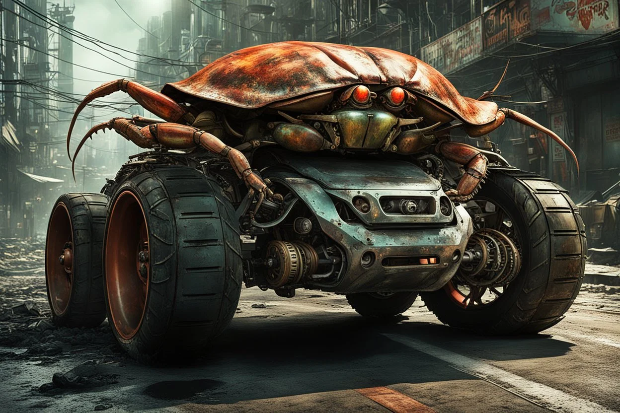A car that's a hybrid between a organic crab and a mecanic tank, robotic, ready for battle, worn-out, with large rims and tires, fully mechanical, on a street in post-apocalyptic cities.
