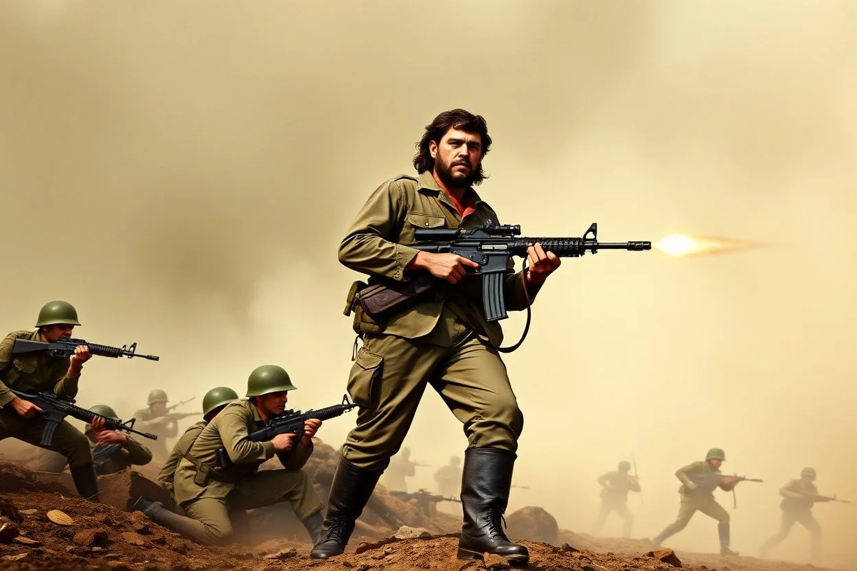 color image of Che Guevara with his real face standing with heavy gun in hand boots in a fighting area, other soldiers are fighting