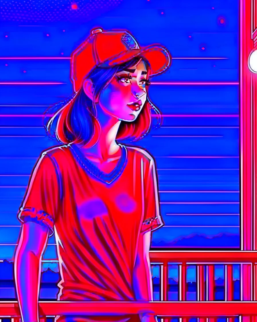 woman with a red baseball hat. leaning on a wooden balcony. night time. fantasy. cartoon. studio lightining.