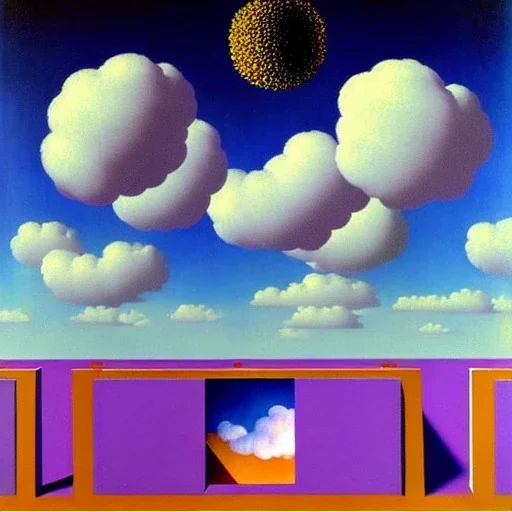 bright flowers floating in outer space with musical notes by Rene Magritte