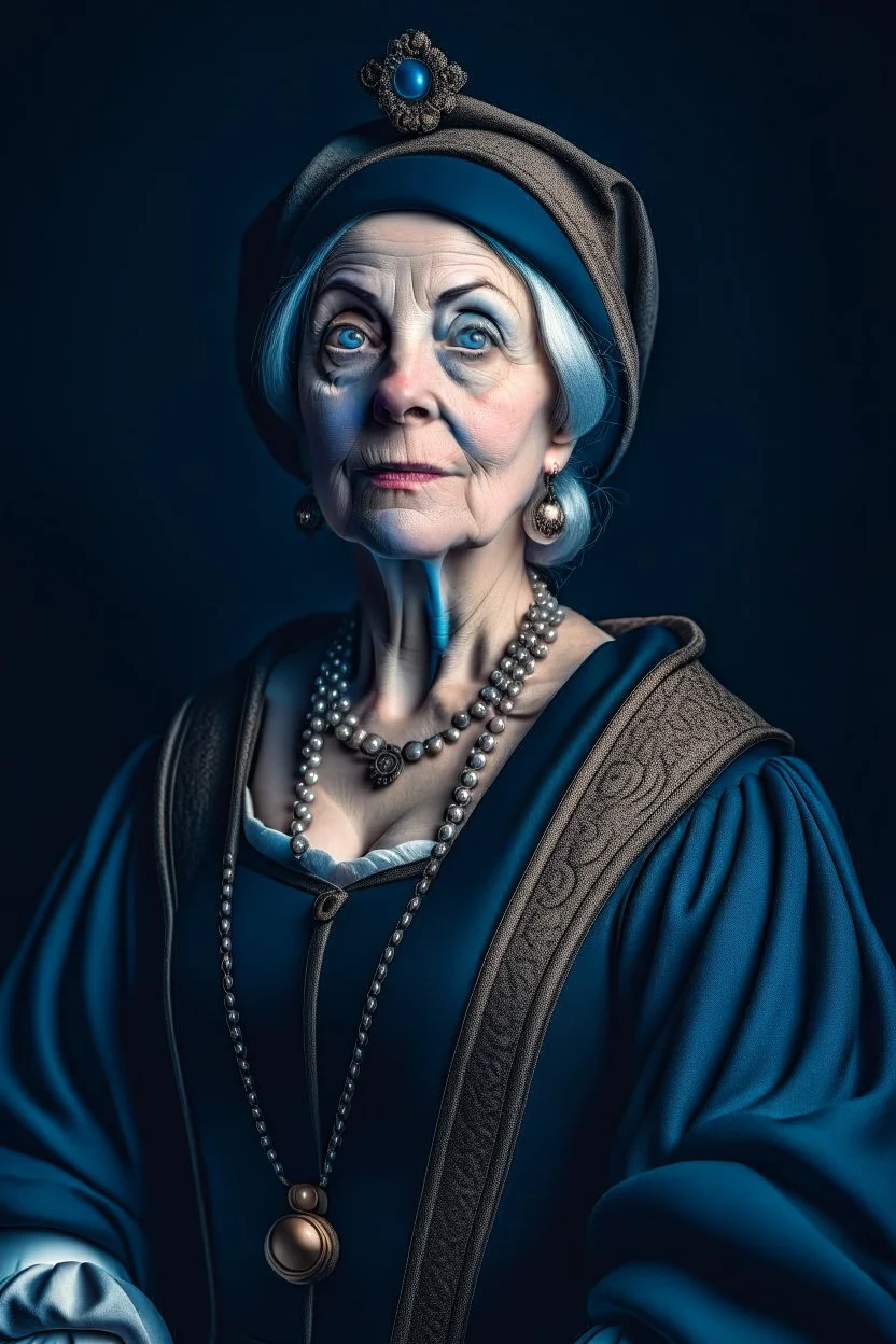 A portrait of a 50-year old british aristocrat woman from XV century in strict clothes, authoritative