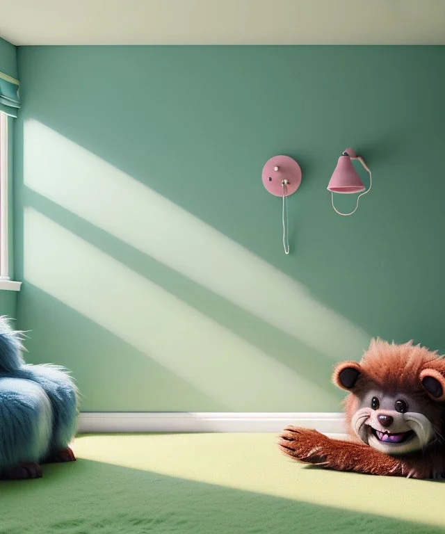 Realistic child room. sweet big furry monster sitting. Steven Spielberg style. Red hair, smile, happy, gradient color fog. highly detailed, concept art, unreal engine 5, ray tracing, RTX, lumen lighting, ultra detail, volumetric lighting, 3d, finely drawn, high definition, high resolution.