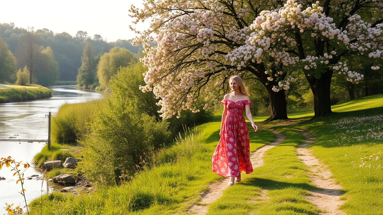 country side ,river side ,bloosoming trees and flowers ,beautifull lady gracefully walking