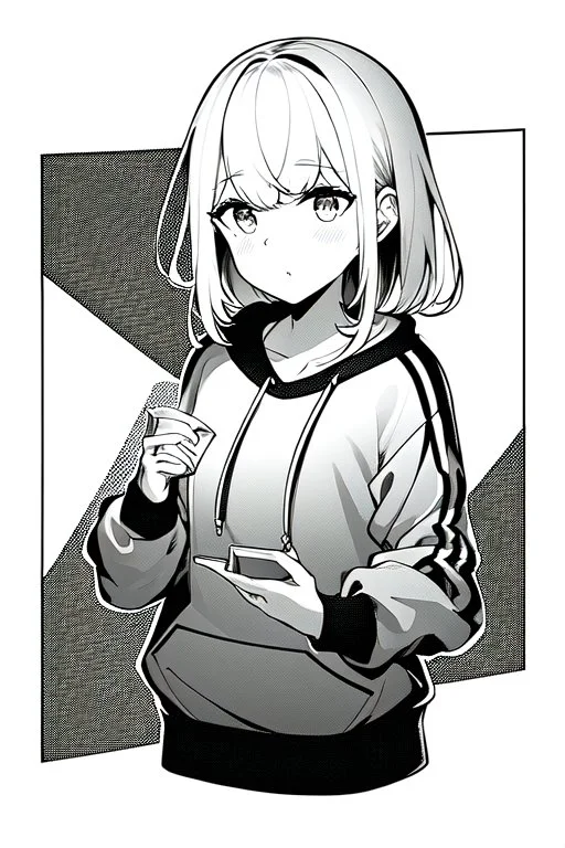 thoughtful girl in a loose sweatshirt, line arts, greyscale,