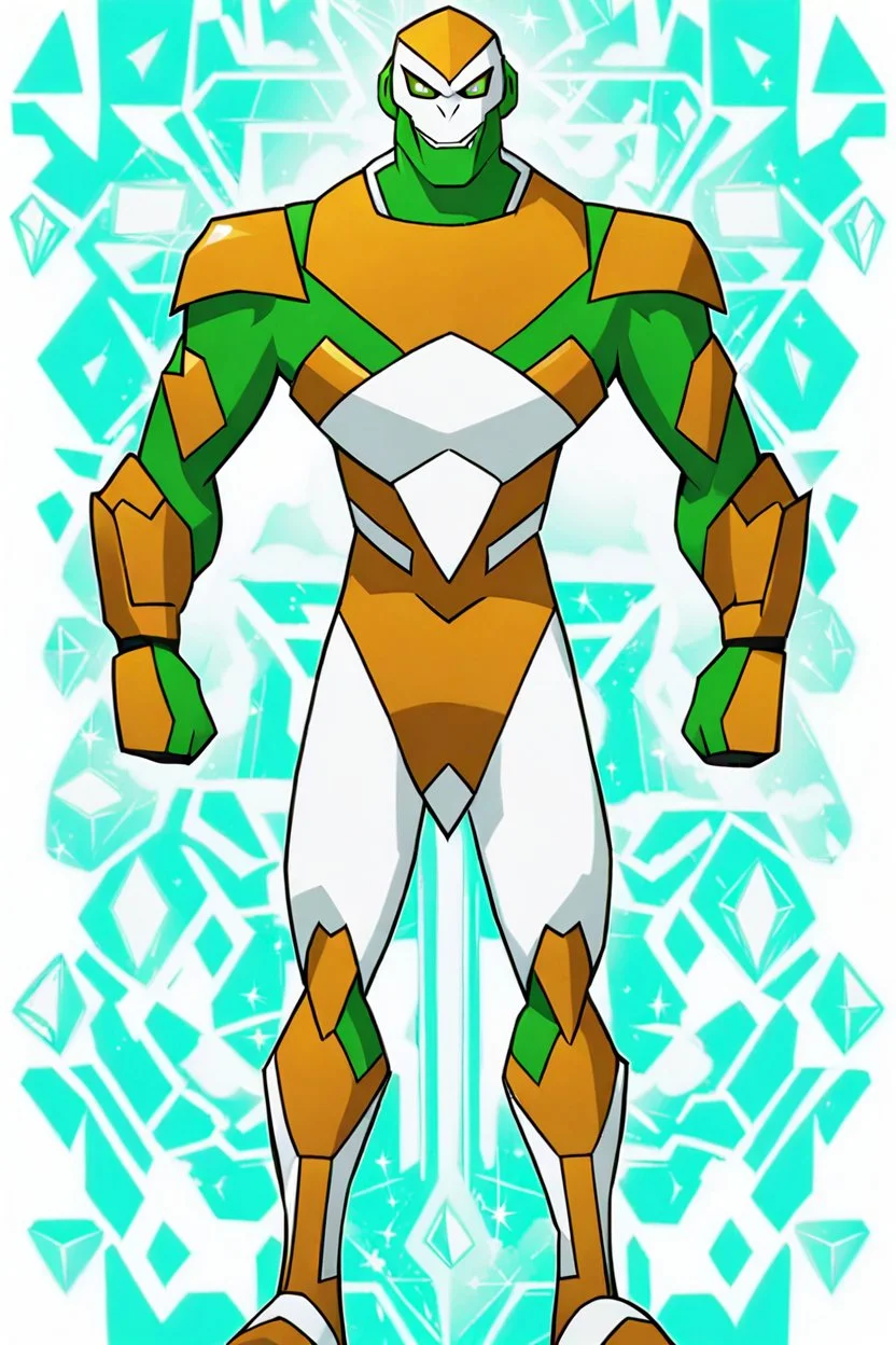 A new space creature from Ben 10 cartoon. Strong and graceful. From the White faction. Advanced hybrid metal golem. And the diamonds. He has a glowing green tattoo in the shape of old magic words. Four plants.