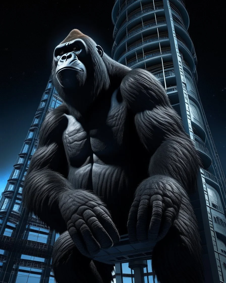 A huge gorilla stuck in a tower connected to space 8k