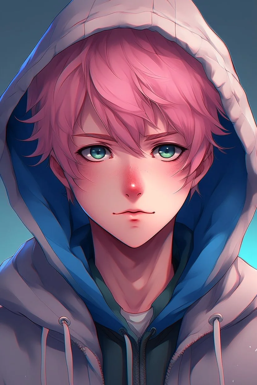 An anime man with messy short pink hair and narrow blue eyes wearing a hooded jacket Realistic.