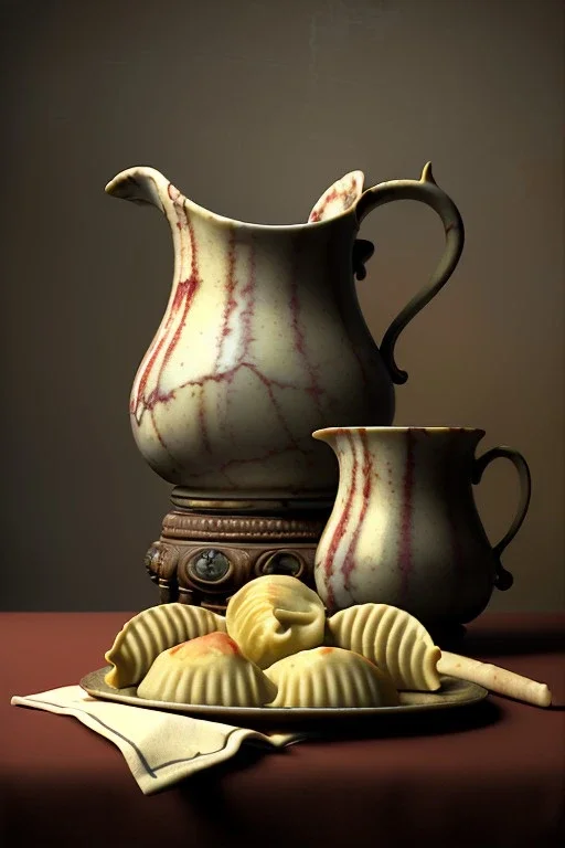 renaissance style still life composite, dish of Raviolis with cow meat, vine cup, olive oil. moisture, art, natural, ornaments, ceramic, marble, high kitchen, smooth, god rays, unreal engine 5, ray tracing, RTX, lumen lighting, ultra detail, volumetric lighting, 3d.