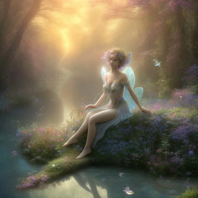 high-quality, fine-detail beautiful, stunning fairy sitting beside a clear, reflective lake, flowers, butterflies, small globes of iridescent light, tranquil, gorgeous, 8k resolution, 3D octane render, intricate, sharp, crisp, digital art, detailed matte, volumetric lighting, George Grie, Anne Dittman, Anne Stokes, Lisa Parker, Selina French, Raphael Augusto,