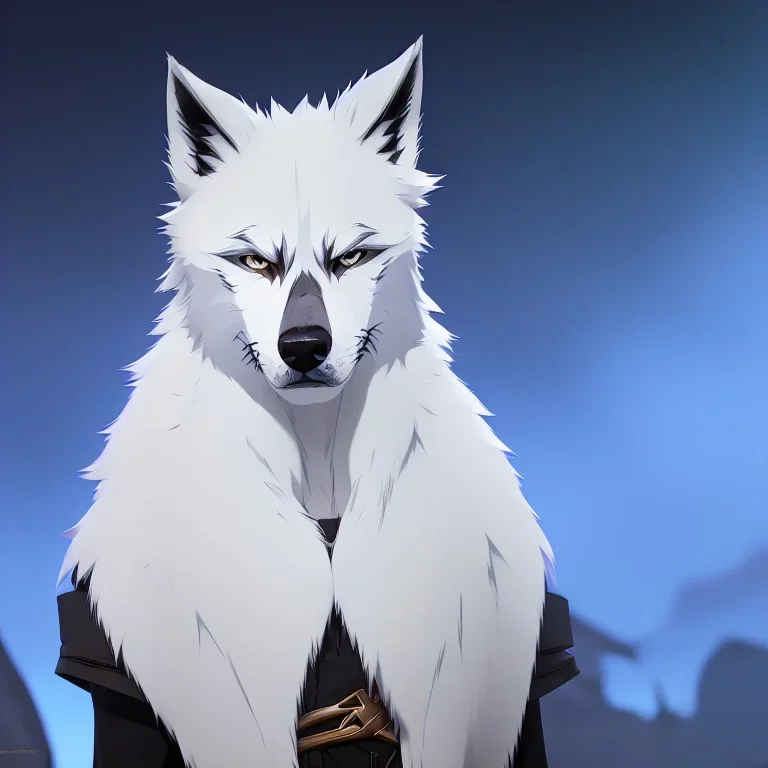 wolf furry digital art anime style male white fur blue hair