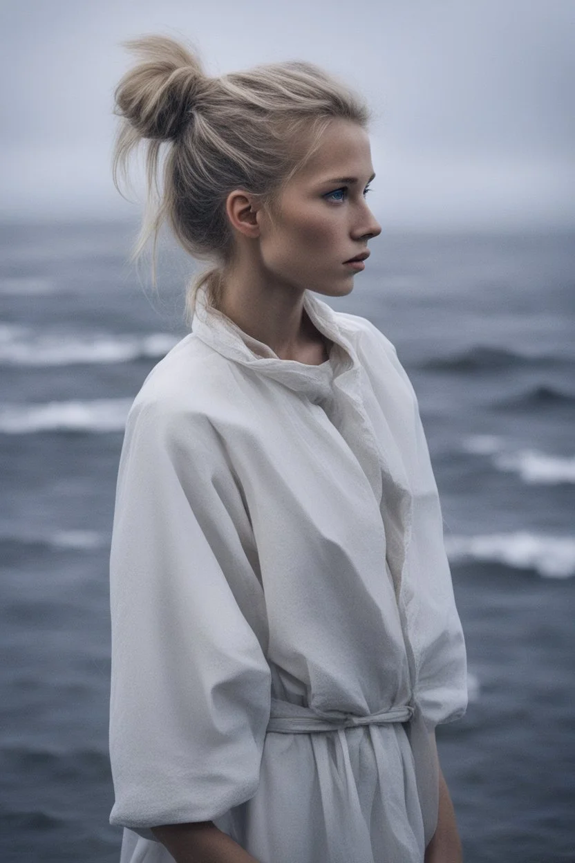 Standing in the grey-north sea with white clothes. Girl with a bun. Rains heavily. You see her face, blues eyes and blond hair.