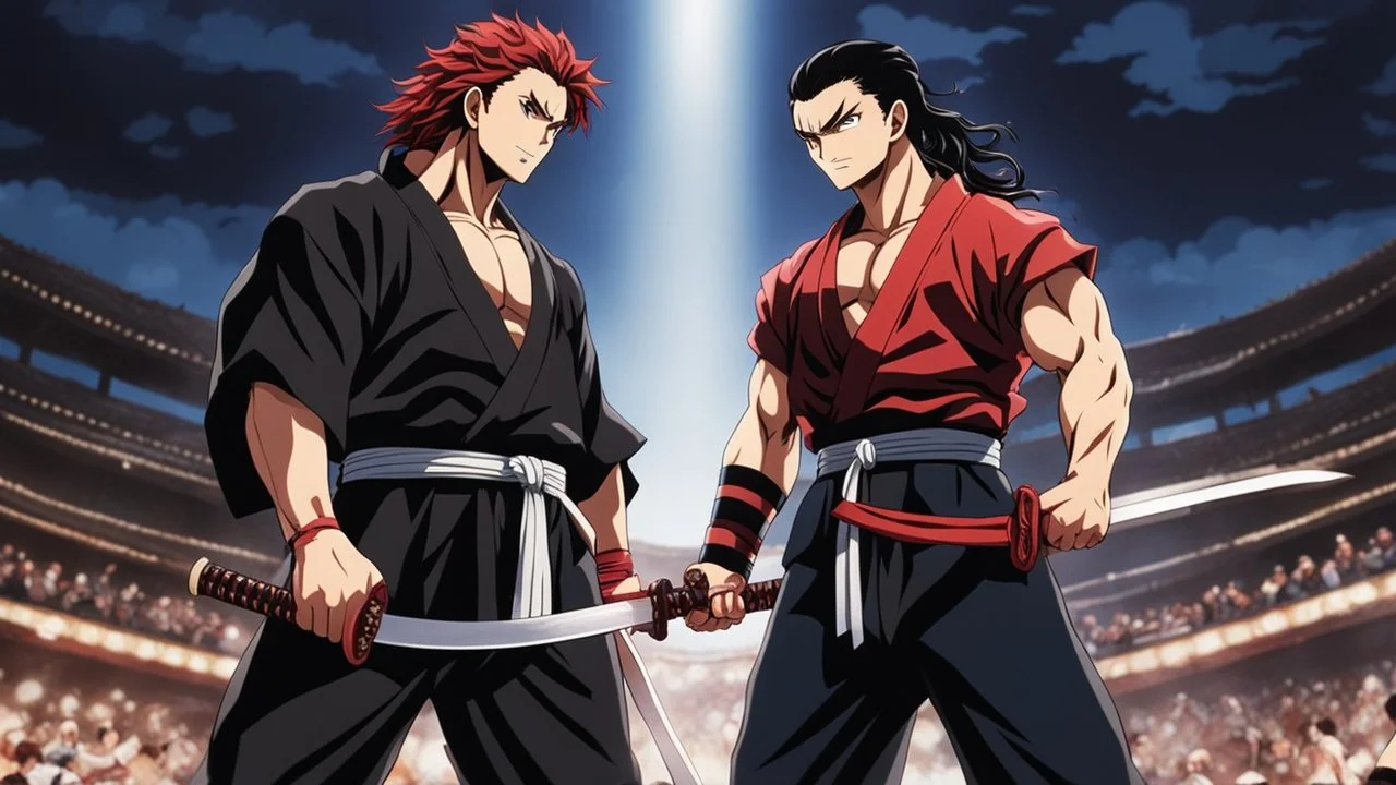 yujiro hanma vs yoriichi tsugukuni, baki vs kimetsu no yaiba, two mans standing in front of each other, a big strong man in black shirt with red hair and evil grin in martial art's stance with bare fists facing a smaller feminine swordsman with long hair and calm face reaching for his sword in traditional japanese clothes both preparing to fight each other