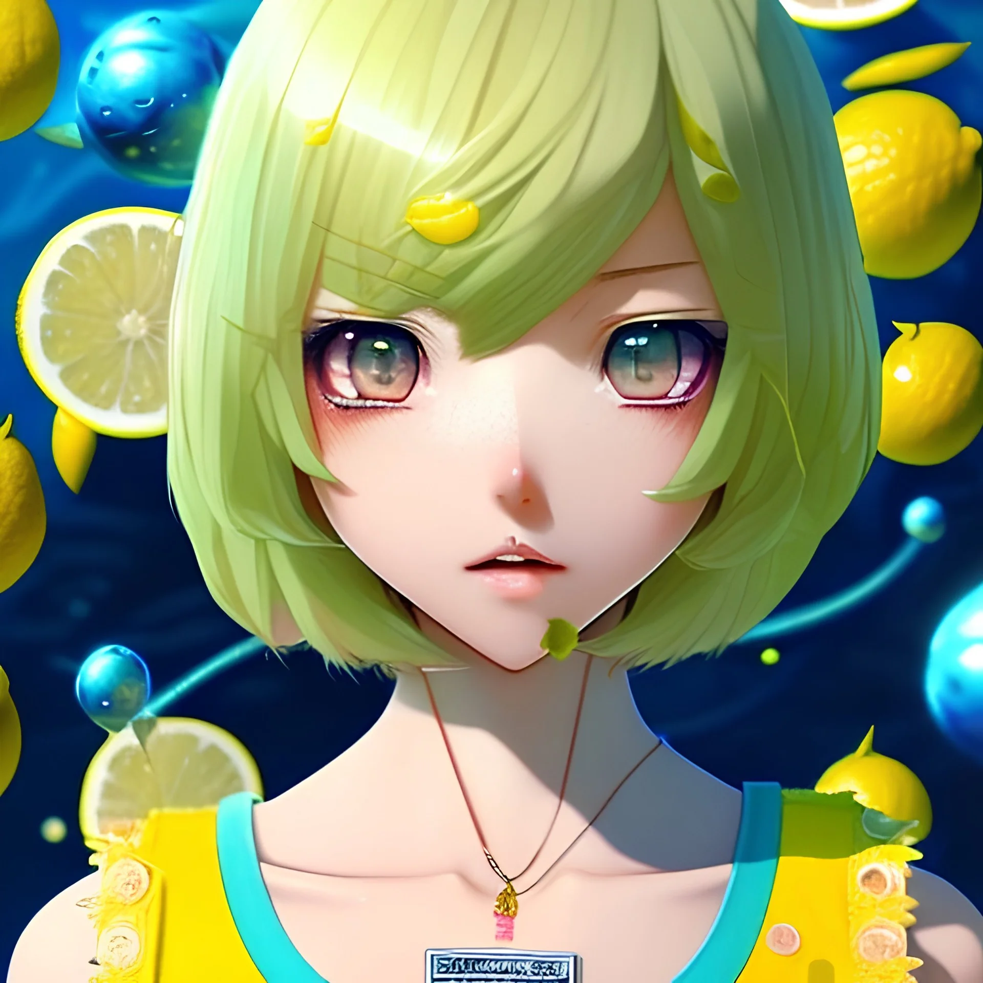 animegirl, bob cut, hyper detailed, intricately detailed, looking at viewer, arms behind back pose, blue short pants, yellow blouse with a knot on the bottom, lemon background, air bubbles, summer vibe, close up shot, ambiguous lines image, flat dimensional style, flat lines, rough drawing --ar 2:3