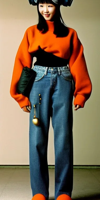 Korean, beautiful woman, black hair. thick thigh, thick calves. Style futurism, 1990's, rough street style.Mantle is sewed of recycled Denim and sewed together red felt pieces.Big headphones, with gold rings, is merged with small felt cap with small visor. A bag is integrated to the mantle. Patterns are composed of orange, cream, blue, lilac and purple. blue latex somewhere. It is with big bright purple felt tippet and cream-colored-hood. mantle is merged with tippet.