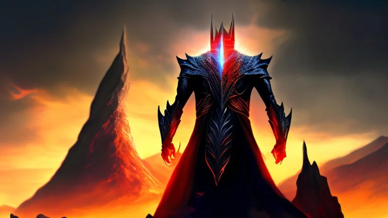 Sauron the mighty lord of darkness standing on a rock in the dark land of Mordor,A superhero MAN with infinite power and technology from the galactic race