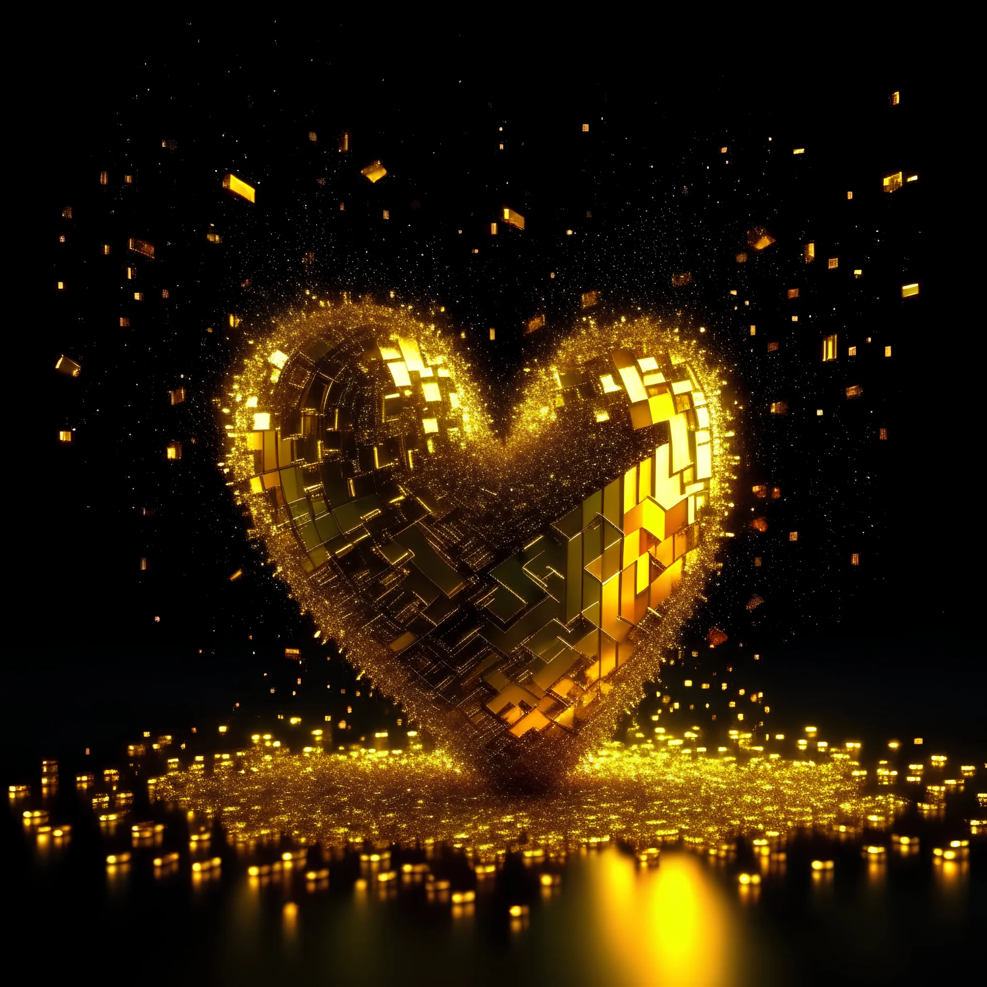 3D rendering of a heart shattered into pixels and reconstructed using glowing gold elements