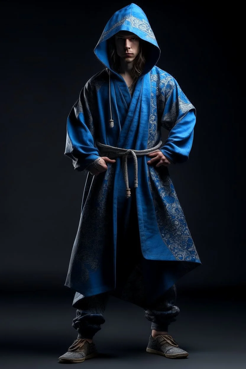 young human rogue in blue accented kimono clothing hood down full body