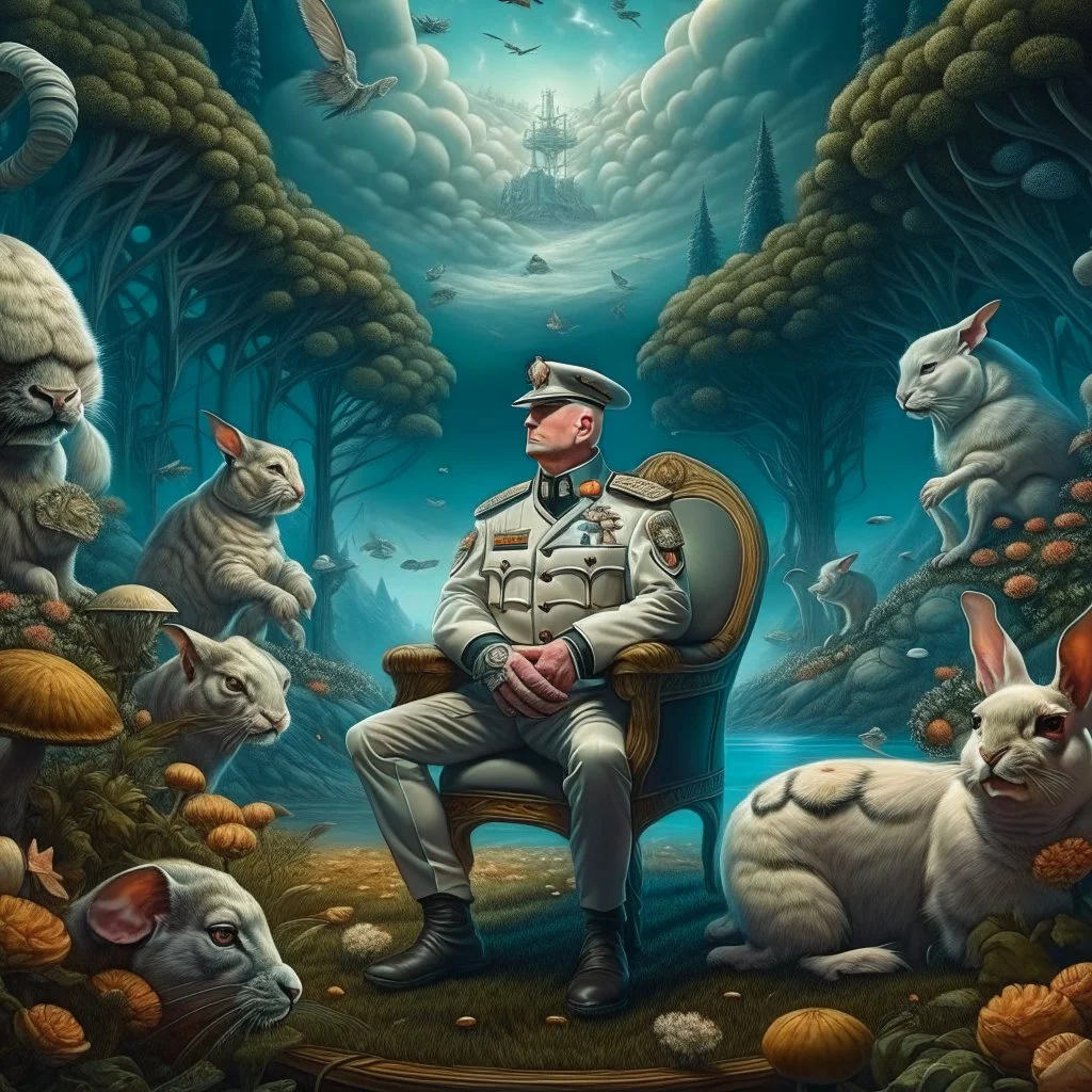 portrait of macho army officer on a bar chair inside mushroom grove with huge fluffy space chinchilla in the style of Escher, 4 k, down-light, soft light, depth of field, photo realism, trending on art station, high detail, spray paint