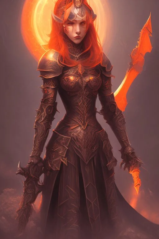 Dark Paladin, orange hair, orange eyes, standing in front of dark castle, Female, similar to berserk