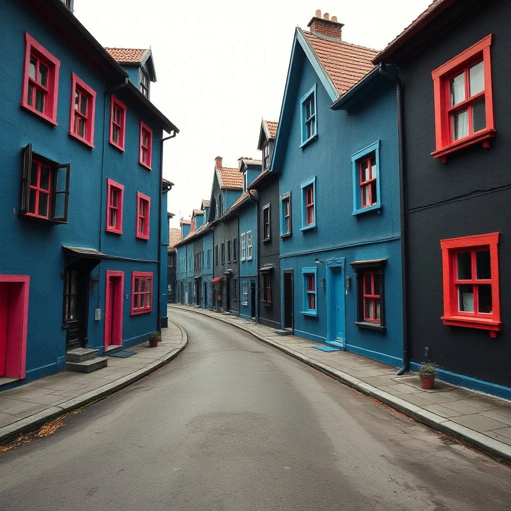 Fotografia di strada assurda e falsa a Magog blu weirdcore dai colori vivaci. No. Non luogo falso, inusuale. Max Ernst. Le case sono false e dipinte di nero chiaro con cose stilizzate e dettagli. Ci sono finestrelle false quadrate, che danno un senso distopico e molto surreale, disposte in modo casuale. L'atmosfera generale sembra noiosa e onirica, con un contrasto tra elementi reali ed elementi dipinti falsi, René Magritte