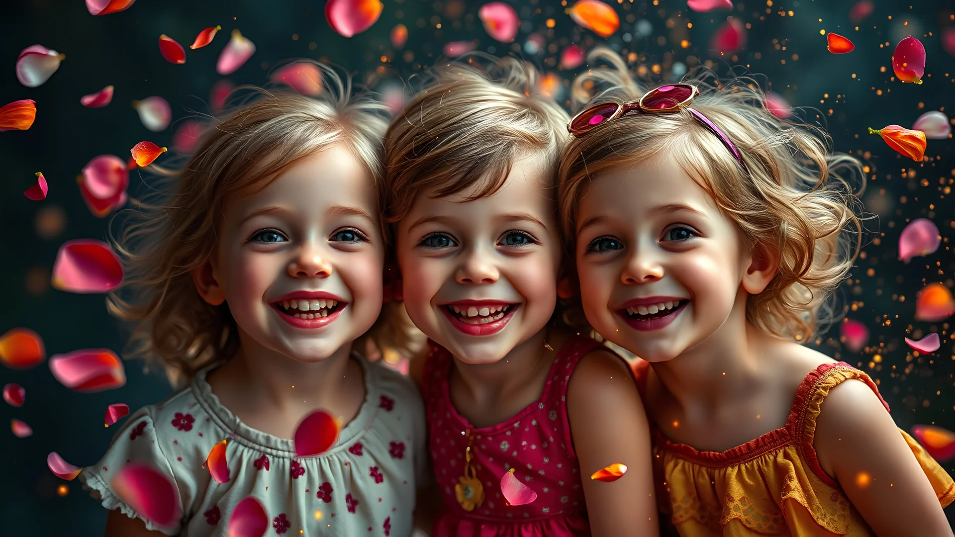 Magical Fantastic young happy children, Flying petals, fireflies, glow-worms, Splash, Portrait Photography, Fantasy Background, Intricate Patterns, Ultra Detailed, Luminous, Radiance, Ultra Realism, Complex Details, Intricate Details, 16k, HDR, High Quality, Trending On Artstation, Sharp Focus, Studio Photo, Intricate Details, Highly Detailed