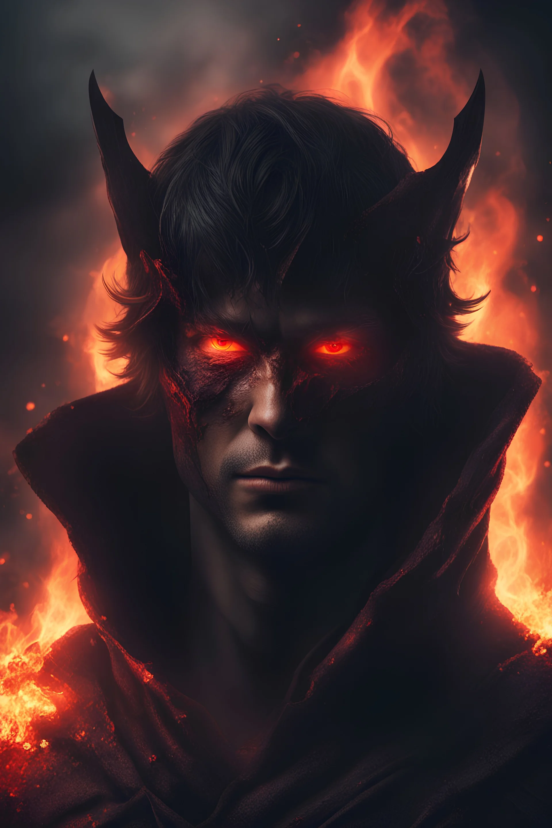 a close up of a dark hero with red eyes staring into a fire that once was something that mattered to him, hes facing away from the camera