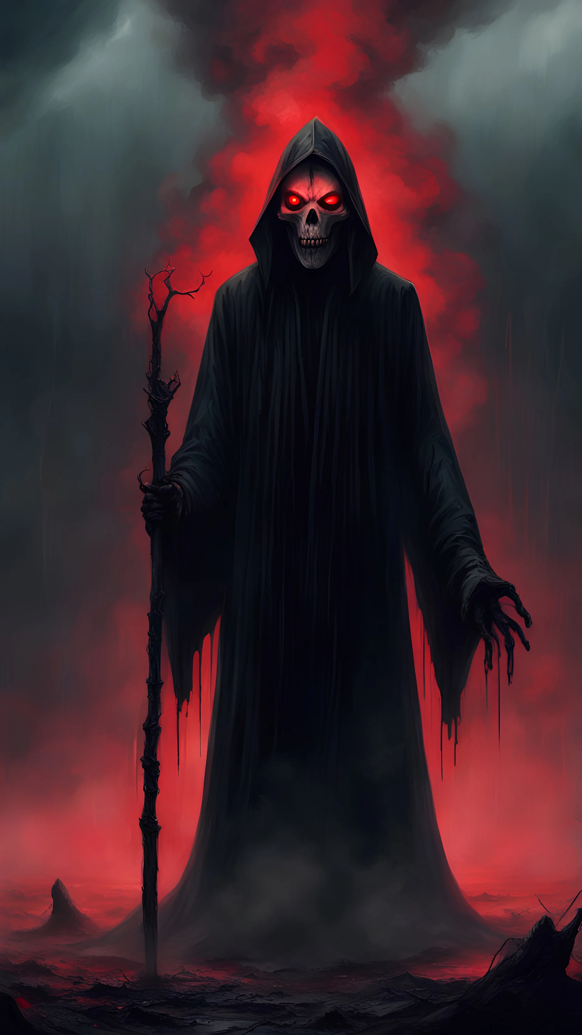 In the center stands a gigantic tall creepy figure in a black robe with a face resembling a skull, with glowing red eyes, surrounded by acrid red fog, in his bony hands a staff, a rainy dark night, black gloomy clouds, thick black fog, an eerie reigning atmosphere of violent horror, cinematic style