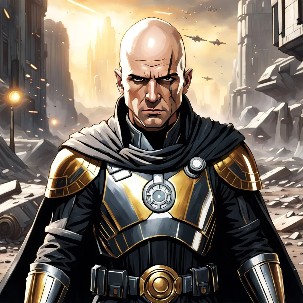 star wars bald male corellian jedi pilot wearing black and gunmetal grey old republic armored robes with gold trim, alone, battle-ready Jedi Master defending a ruined ancient city surrounded by golden light, centered head and shoulders portrait, hyperdetailed, dynamic lighting, hyperdetailed background, 8k resolution, volumetric lighting, light skin, fully symmetric details