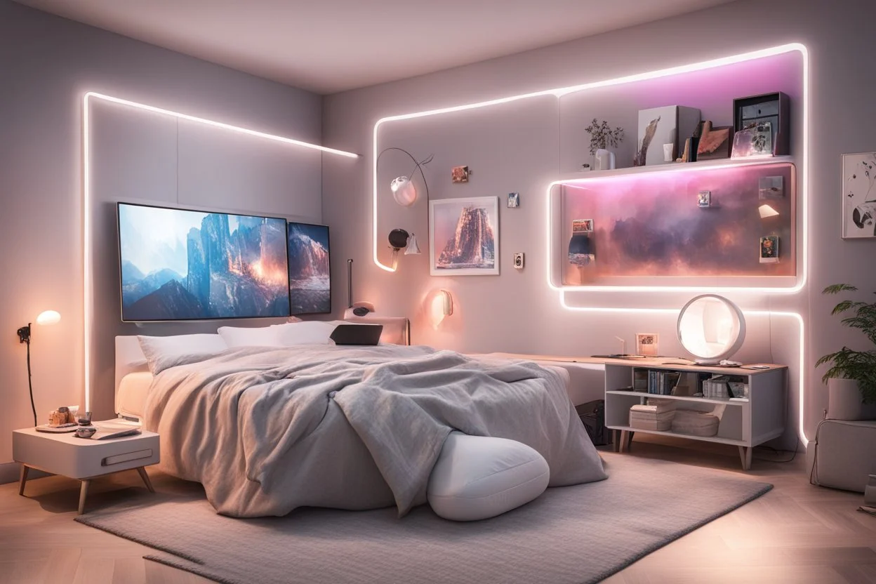 A youthful room with a gaming device and a bed 🛏️ 190 cm, 90 cm wide, and RGP side lighting.