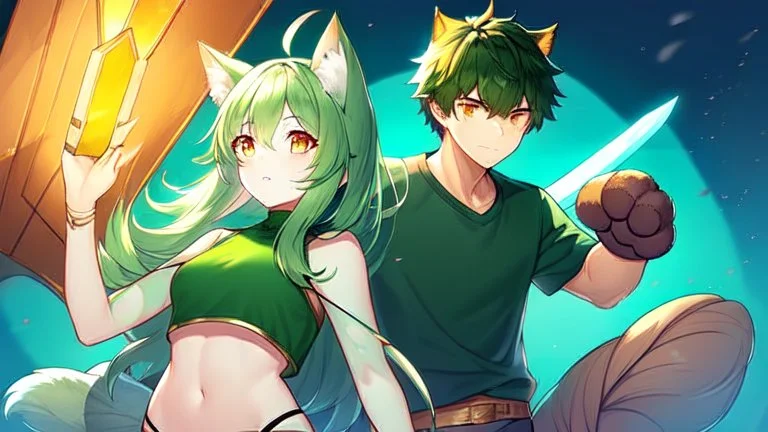 Girl, 2boy ,wolf muzzle, long green hair, green wolf ears,2 wolf tail, open navel, short blue shirt,animal tail, animal paws, wolf paws hand, orange eyes, sword, animal fur on feet