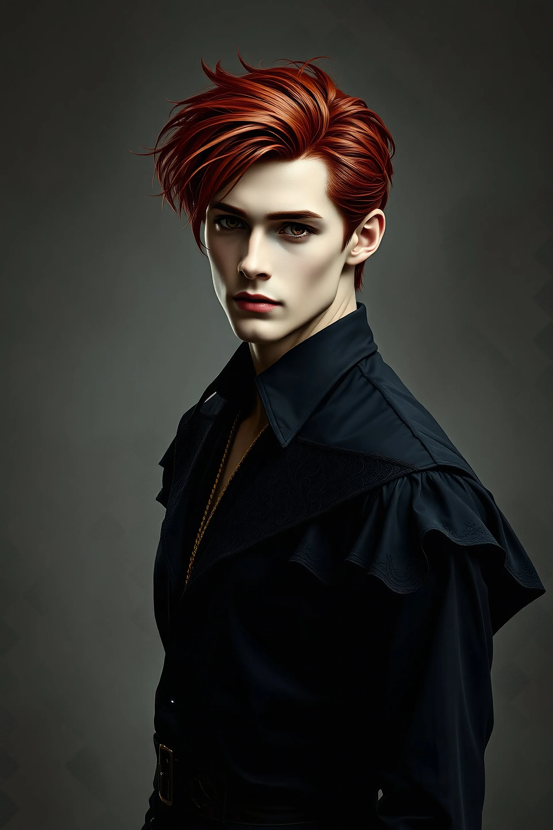 realistic Beatiful medium red hair male black clothes for vampire masquerade rpg