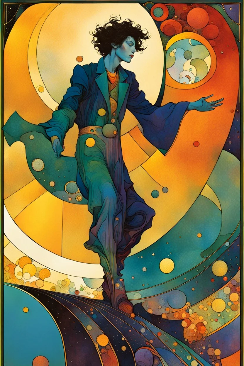 Create a chaotic abstract cubist Tarot Card depicting ,The Fool , in the style of Bill Sienkiewicz, Philippe Druillet, Gustav Klimt, Alphonse Mucha, and Jean Giraud Moebius, precisely drawn, colored and inked, in muted colors, with ornate bordered edges