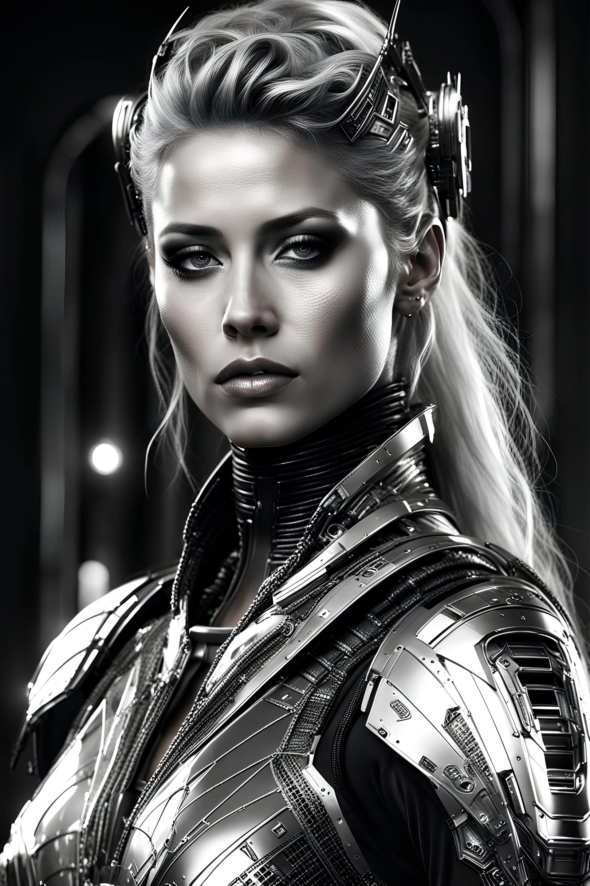 Generate an 8k image of a futuristic Hollywood superstar with android features, inspired by Luis Royo's art, wearing a metallic exosuit.In black and white,