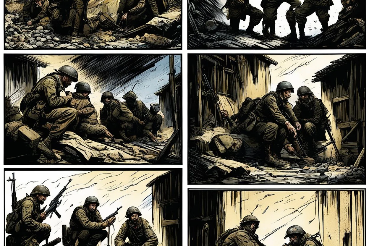 Masterpiece1:5)(Fineart), (award-winning:1.5), highest quality, war journalism editorial ,(by Tim Page, Hoorst Faas:1.5)),(Eastern Ukraine:(panel one:the moment after a battle ends, horrors of war, wounded men),(2nd panel, cinematic shot of men sitting in trench with 1000 yard stare (focus on their eyes:1.5)),(the third panel shows troops tired but hyper alert), (the fourth panel shows the sky is filled with incessant, fire and smoke everywhere,)