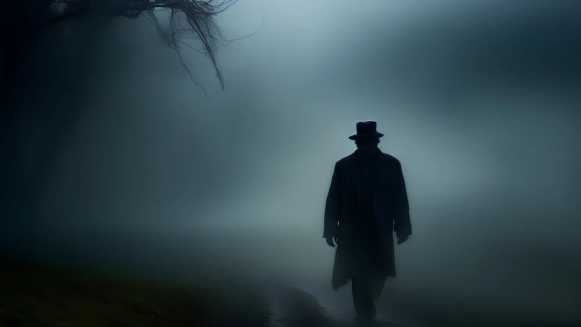 In a small, forgotten town nestled between rolling hills and ancient woods, a dense fog descends every night, cloaking the landscape in an otherworldly mystery. In the heart of this spectral mist, there's a shadowy figure known only as the "Shadow Man." No one has ever seen him clearly, 4k