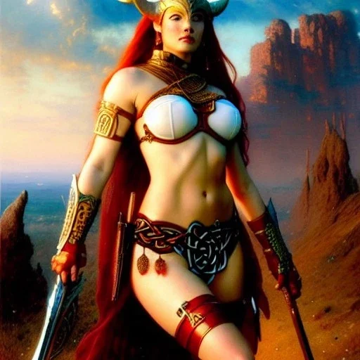 portrait 'beautiful Sexy busty Redhead Sif',Braids,horned helmet, celtic tattoed,painting by gaston bussiere, greg rutkowski, yoji shinkawa, yoshitaka amano, tsutomu nihei, donato giancola, tim hildebrandt, oil on canvas, cinematic composition, extreme detail,fit full head inside picture,32k