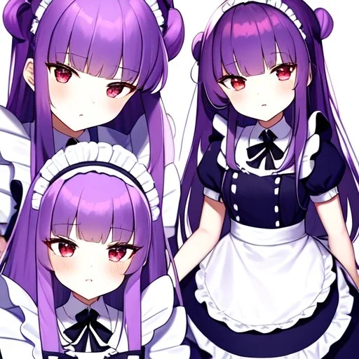 Clear focus, 8k, beautiful lighting, vibrant colors, girl, purple hair, long hair, red eyes, messy hair, loli, maid, twins,