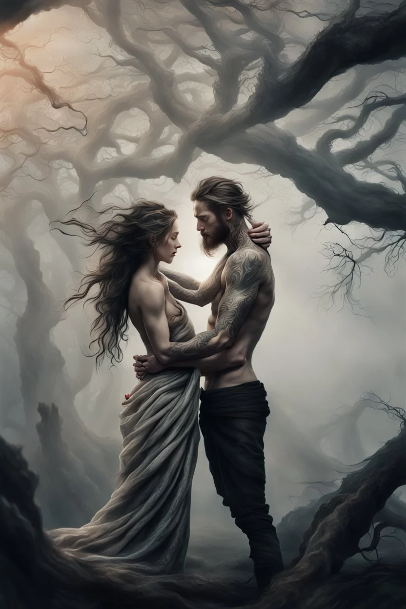 Multiple entanglements between a twisted thin piece of cloth as part of many twisted and spiraling branches disappearing into the distant mist, epic photo, 2 beautiful lovers are embracing, stunning tattoos that intwine with eachothers tattoos,sharp on highly detailed skin with wrinkles and high contrast, photorealistic, explosion of extacy,4K, 3D, realism, hyperrealism, detail, good lighting, detailed texture, modern photography style, 3D, 4D, 4K