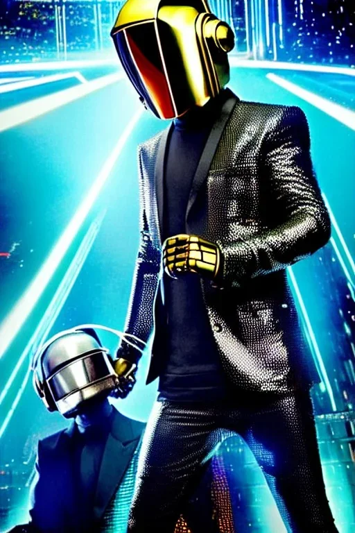 Metallic Cyber-punk man with camera-mask, old AKG-style headphones, golden rings. Fencing mask covers man's cheeks. Good body shape. Body and head full of integrated old-fashioned cameras. Ancient silver telephone attached to perfect body, trunk. 5th dimensional Escher tiling background. Daft Punk, Tron Movie. Matrix movie, black leather jacket, tippet. Black latex areas in black leather surfaces body. 1990's pimper. Ancient AKG-microphone as mouth. strong fear or disgust of closely packed holes