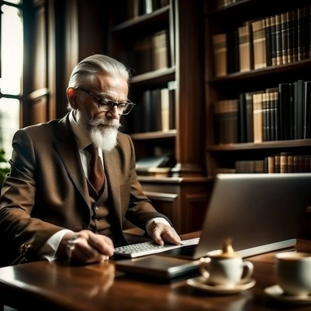 An old man in a classic suit is using a laptop in a modern library with a coffee cup cat and a vase